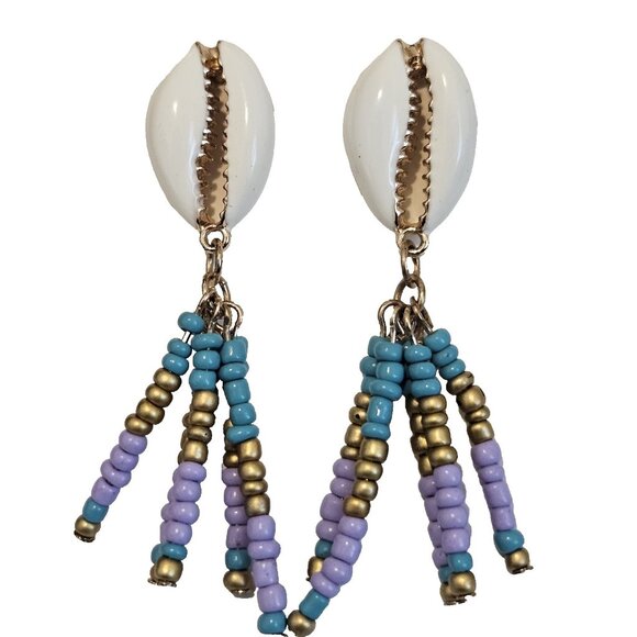 Time And Tru Shell & Blue Beaded Tassel Beach Boho Dangle Drop Pierced Earrings - Picture 1 of 2
